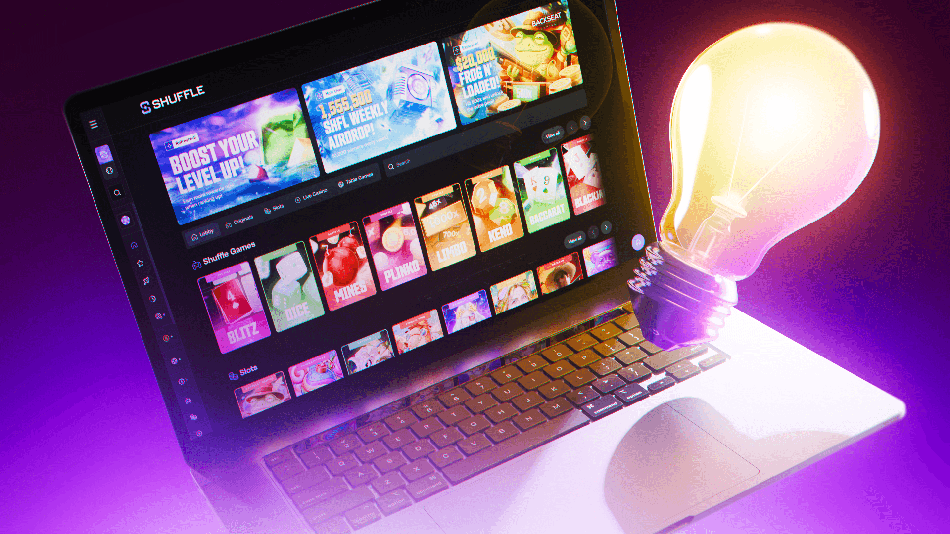 Laptop displaying Shuffle’s lobby with popular casino games and a large glowing lightbulb. Perfect visual for the “How to Play on Shuffle: Step-by-Step Beginner’s Guide”.