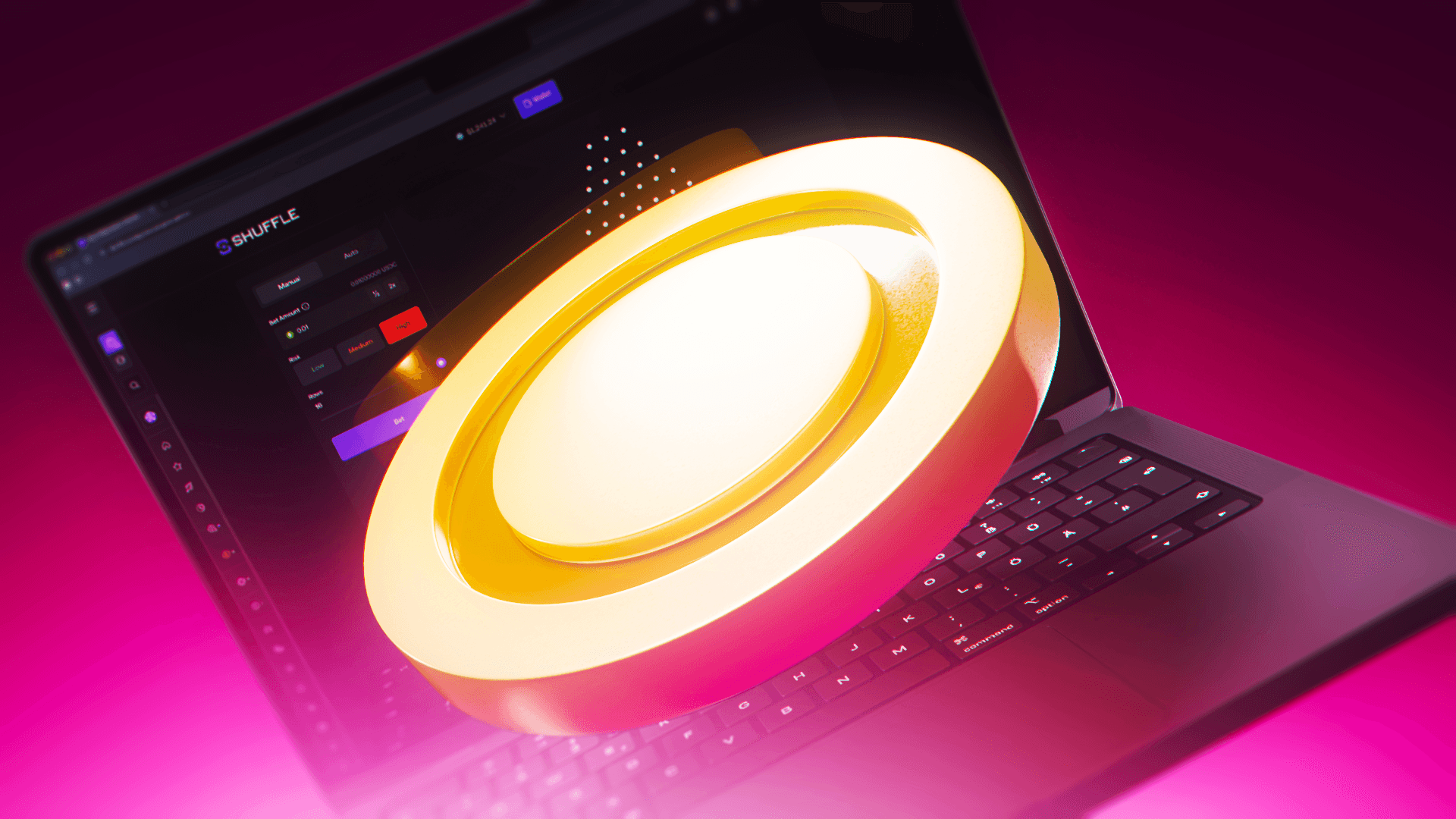 Laptop displaying the Shuffle Plinko game interface with glowing golden ring graphic – How to Play Plinko Complete Guide at Shuffle Crypto Social Casino